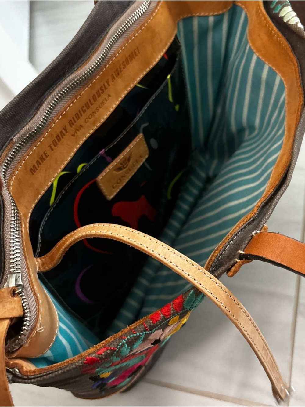 Consuela Brown Embroidered Floral Tote with Multicolor Accents leather trim